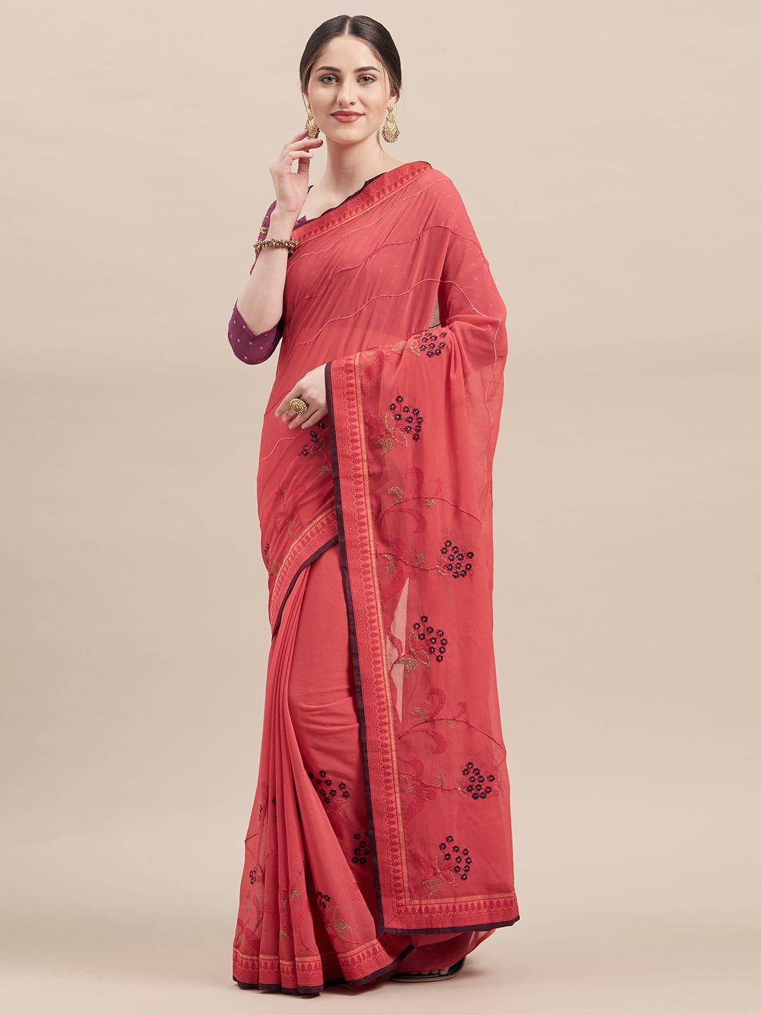 shaily coral pink embroidered saree