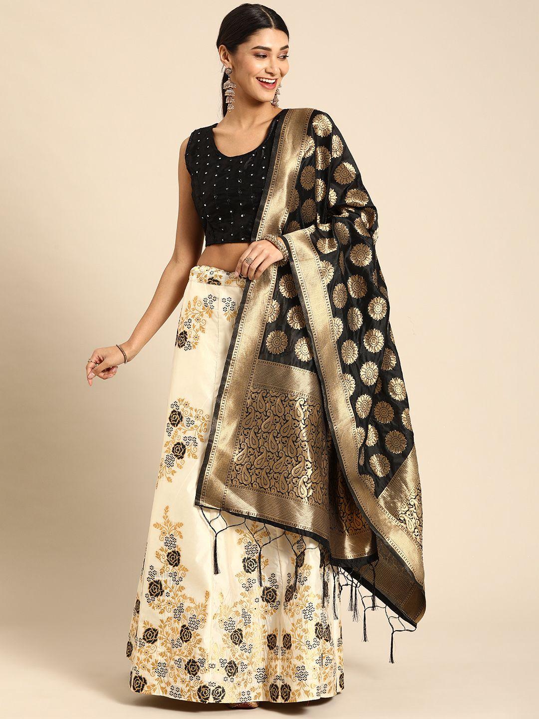 shaily cream-coloured & black embellished semi-stitched lehenga & unstitched blouse with dupatta