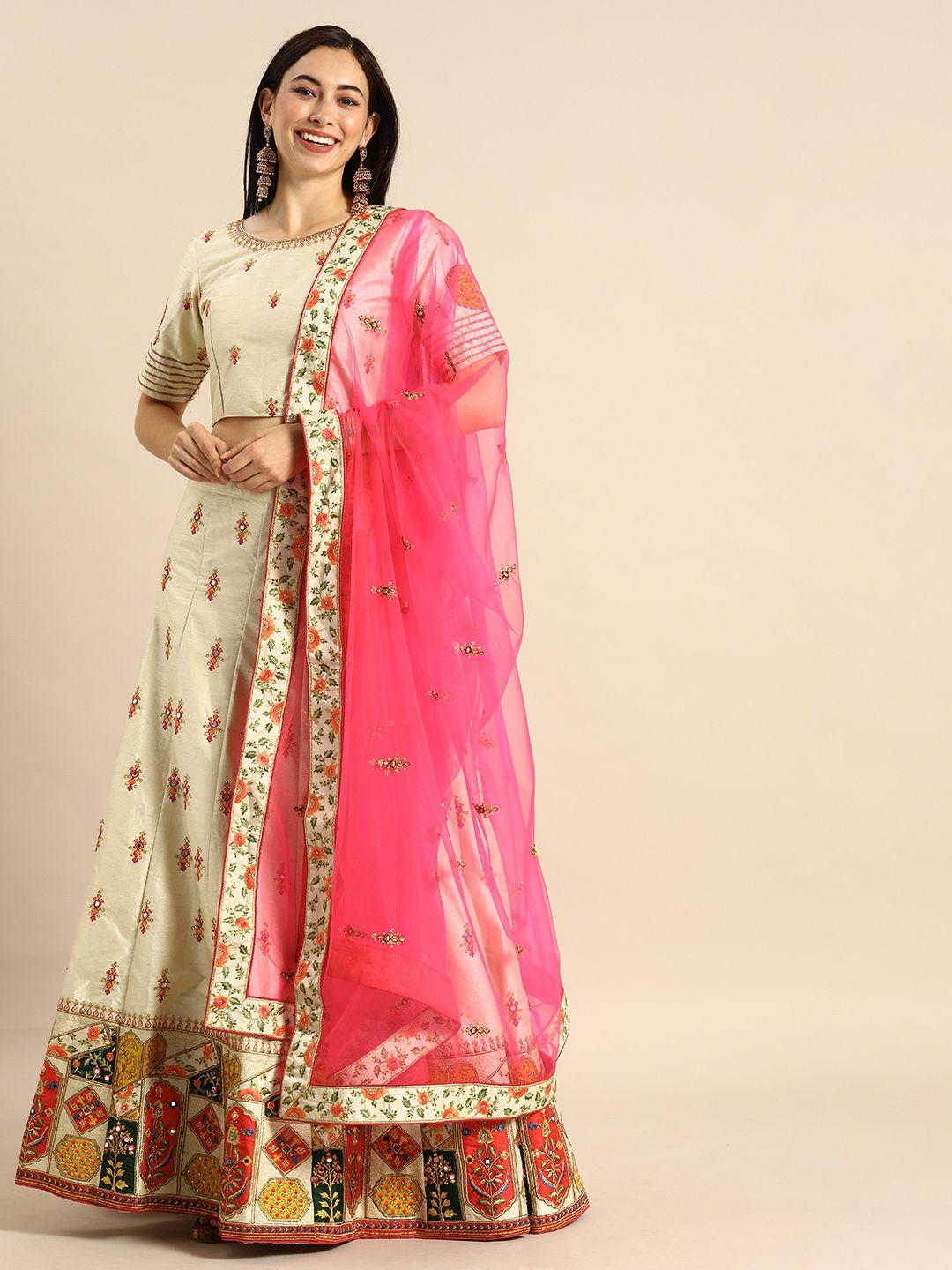 shaily cream-coloured & multicoloured embroidered ready to wear lehenga & unstitched blouse with dupatta