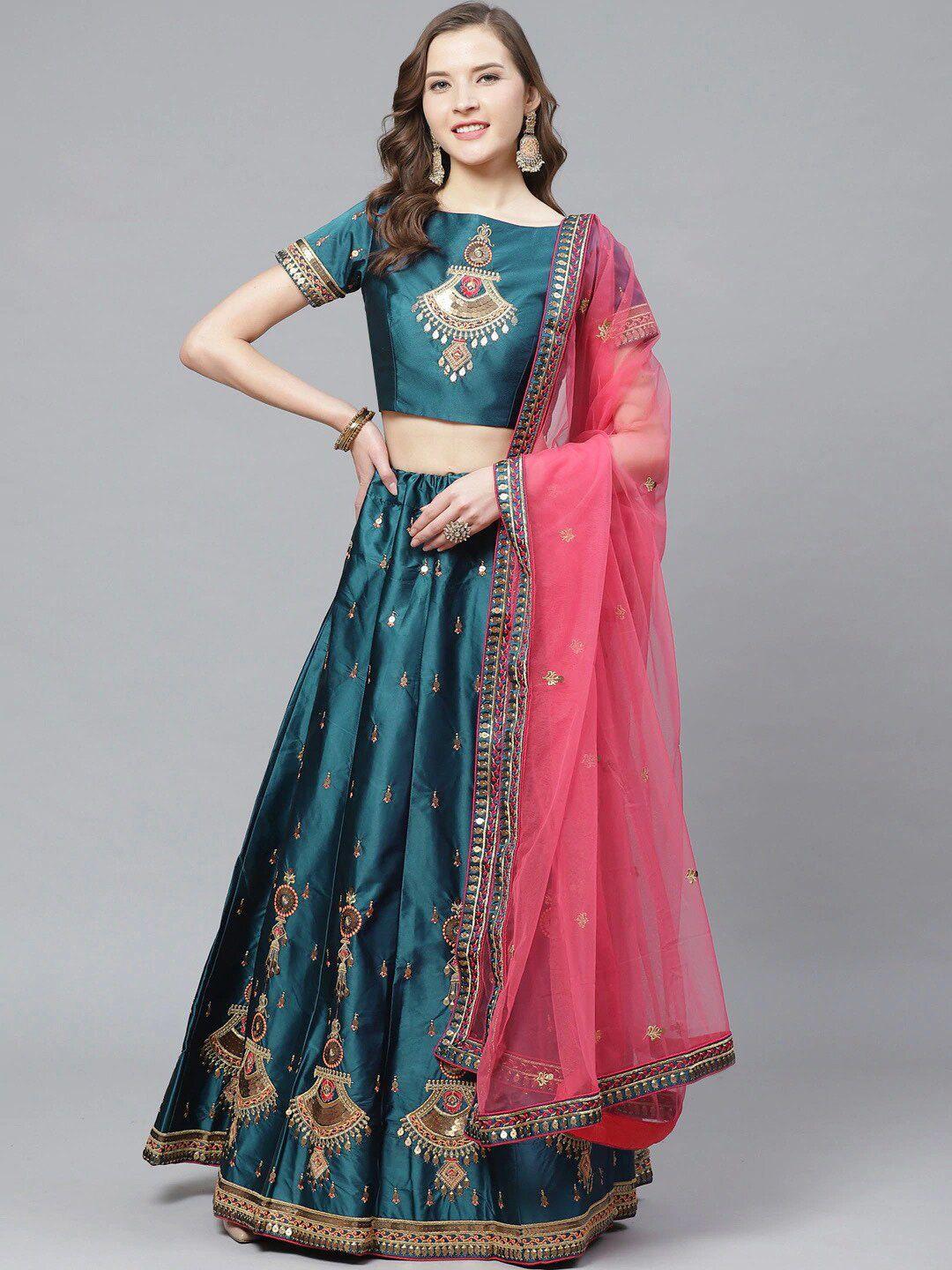 shaily embroidered thread work semi-stitched lehenga & blouse with dupatta