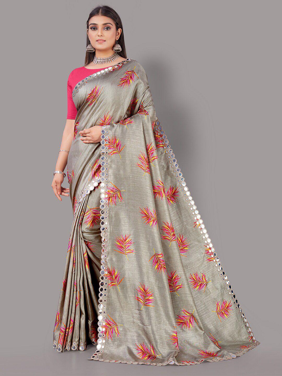 shaily floral printed mirror work mysore silk saree