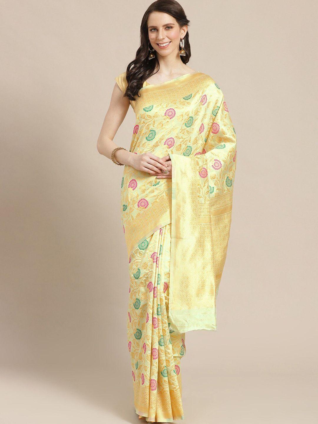 shaily golden & green ethnic motifs silk blend saree