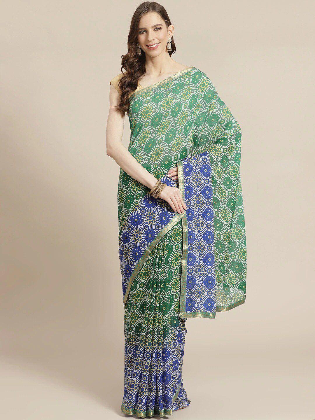 shaily green & blue bandhani printed saree