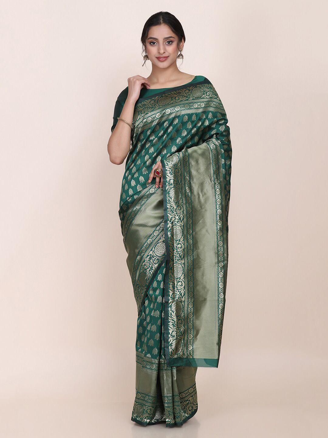 shaily green & gold-toned ethnic motifs zari silk blend saree