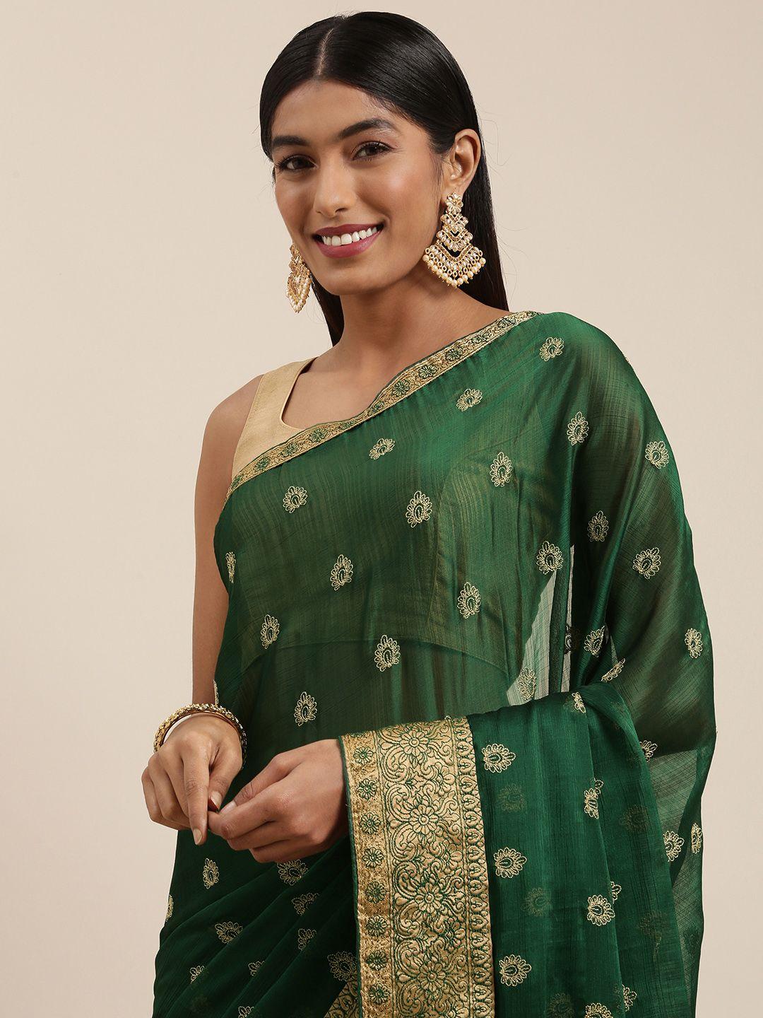 shaily green & golden ethnic motifs embroidered pure chiffon saree