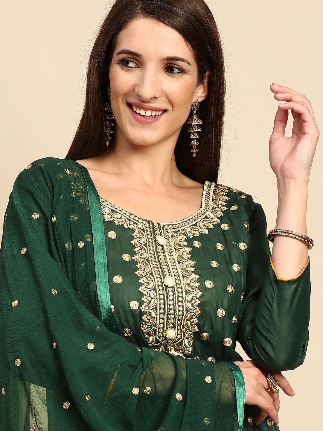 shaily green & golden zari embroidered unstitched dress material