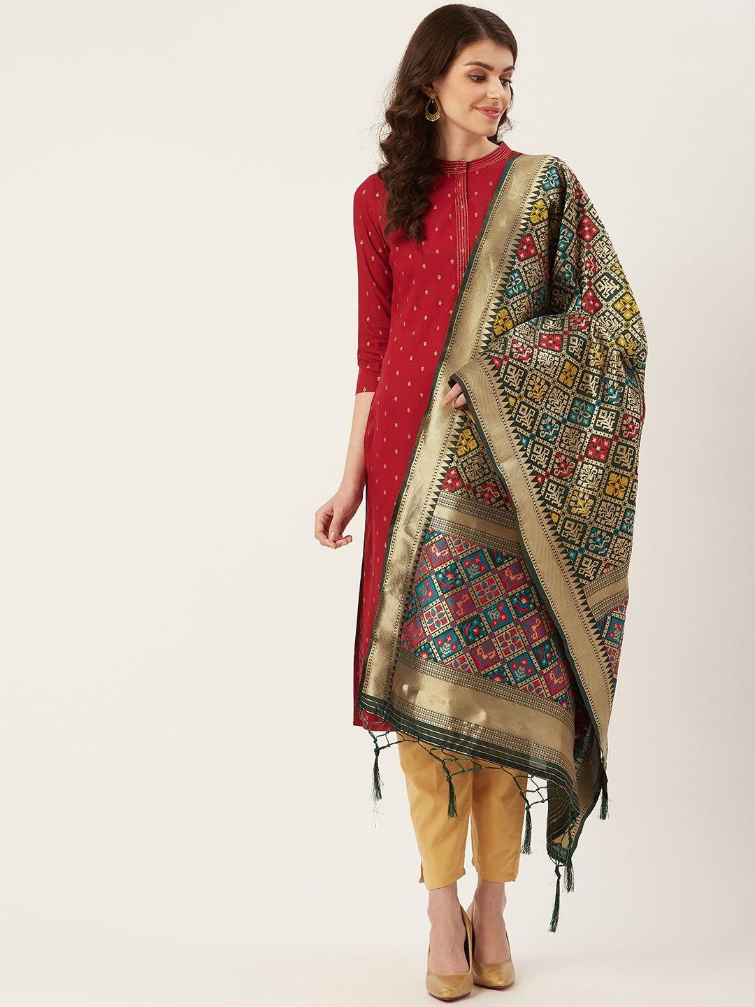 shaily green & golden zari woven design dupatta