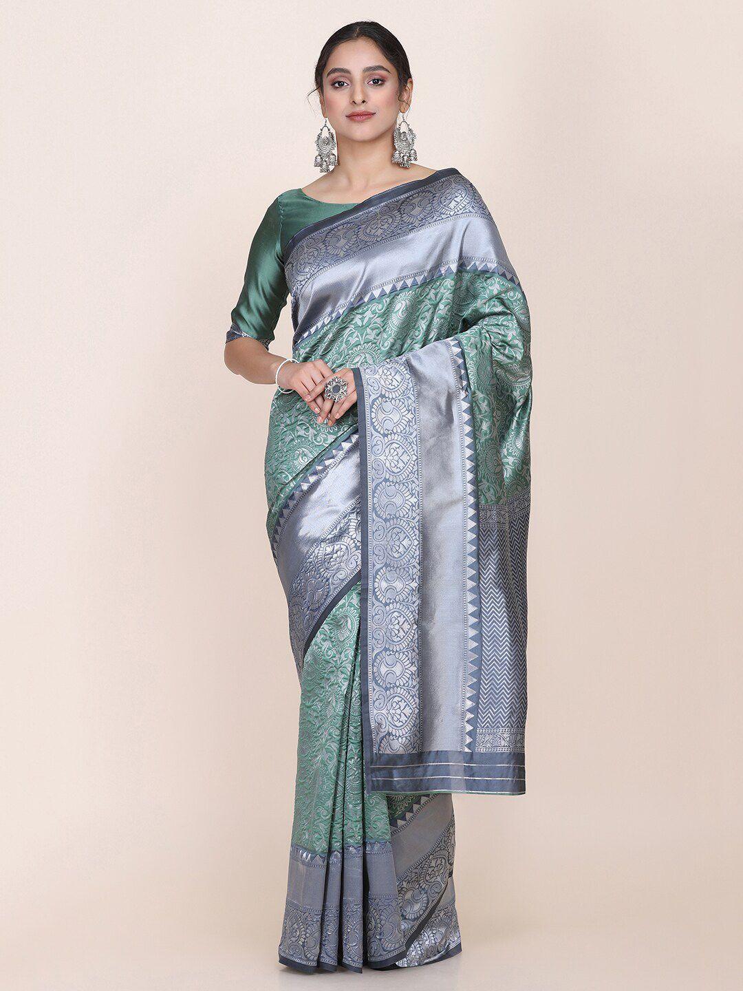 shaily green & grey ethnic motifs woven design silk blend saree