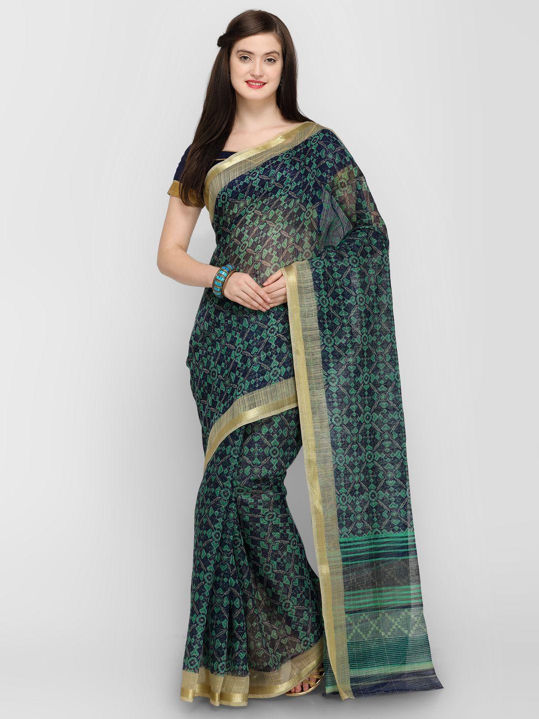 shaily green & navy blue silk cotton printed saree