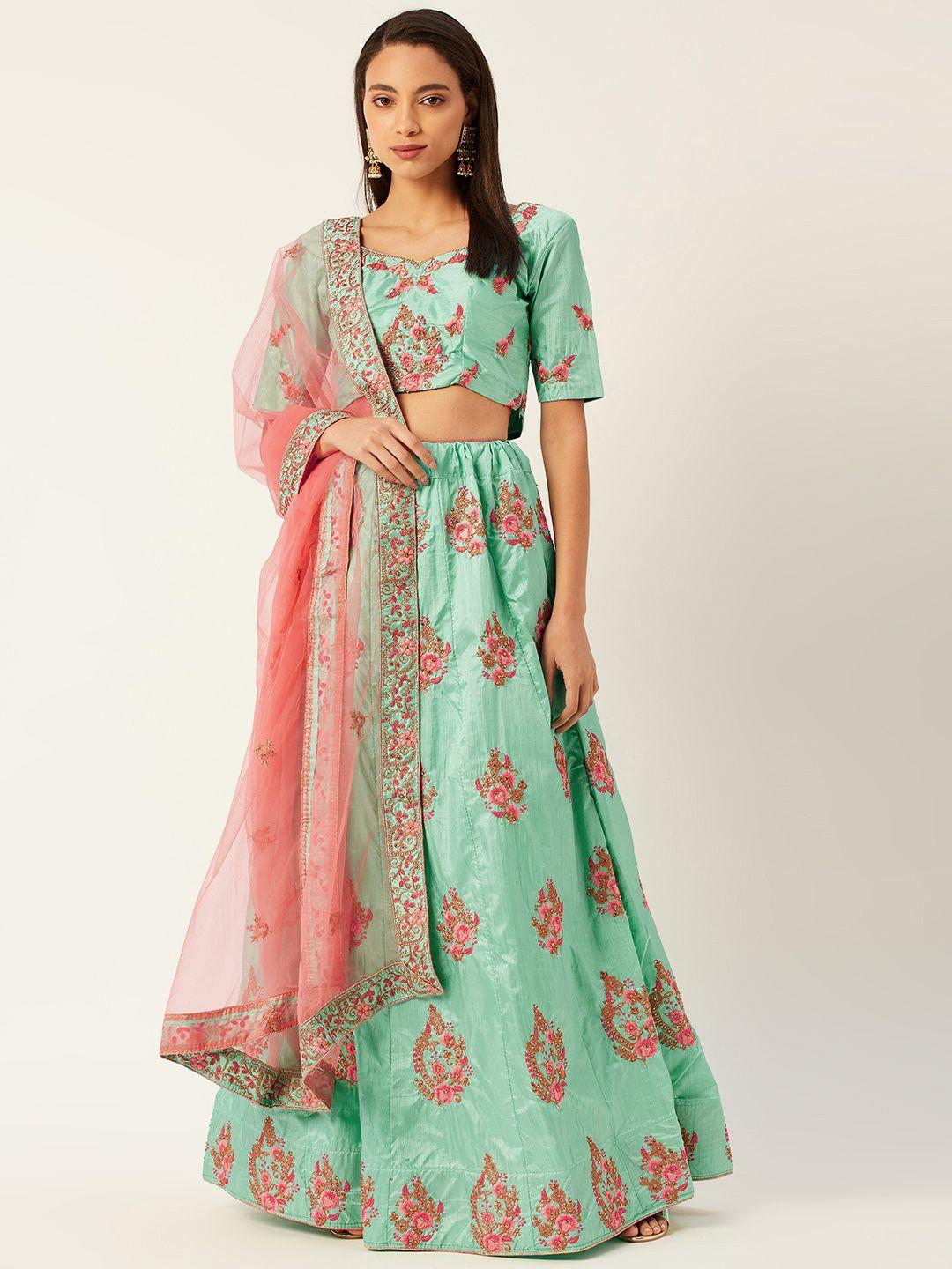 shaily green & peach-coloured embroidered semi-stitched lehenga & unstitched blouse with dupatta