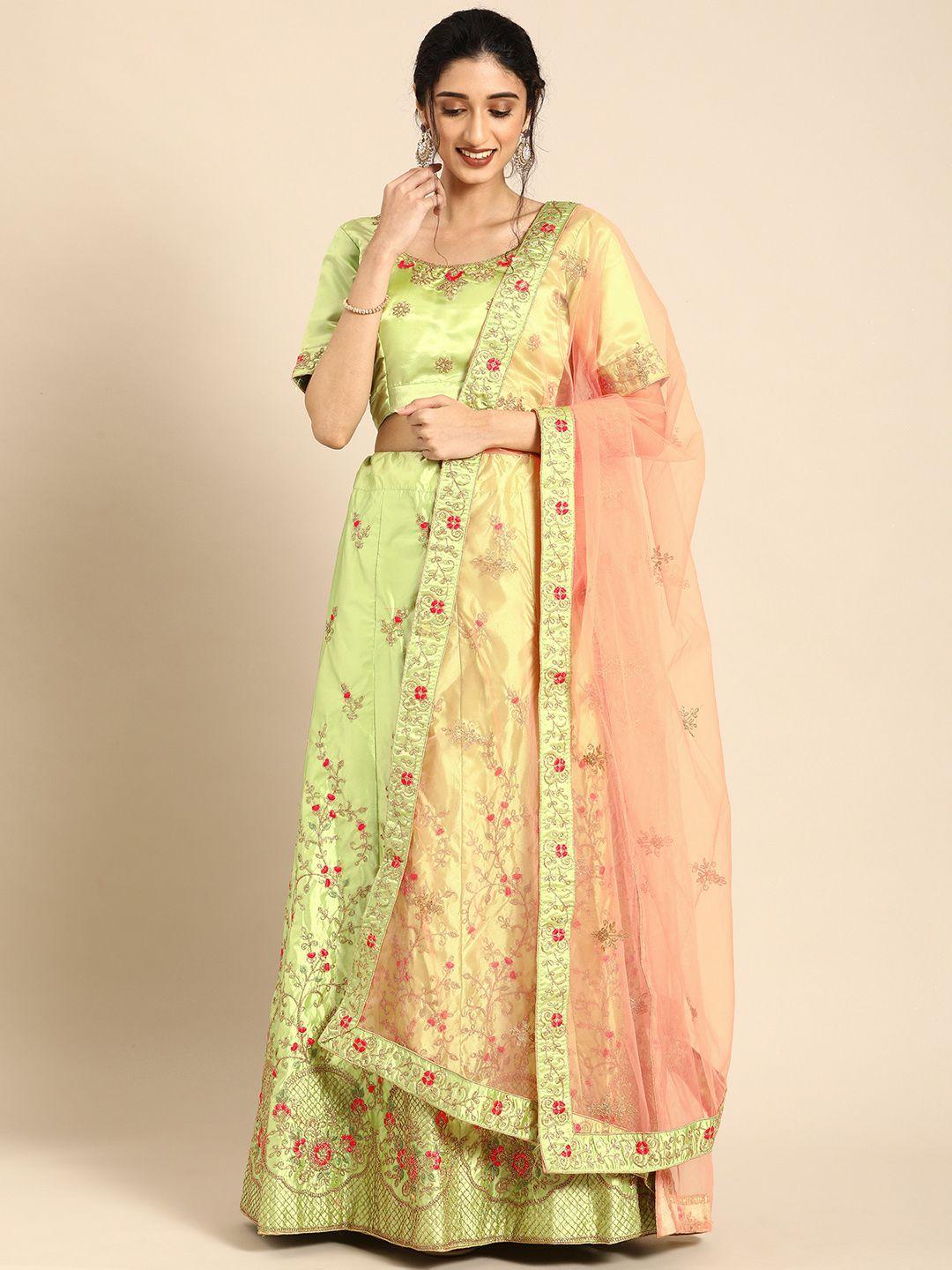 shaily green & peach-coloured embroidered semi-stitched lehenga & unstitched blouse with dupatta