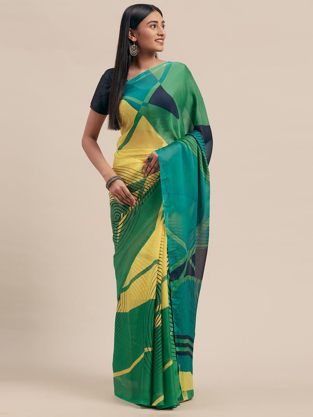 shaily green & yellow abstract printed satin saree