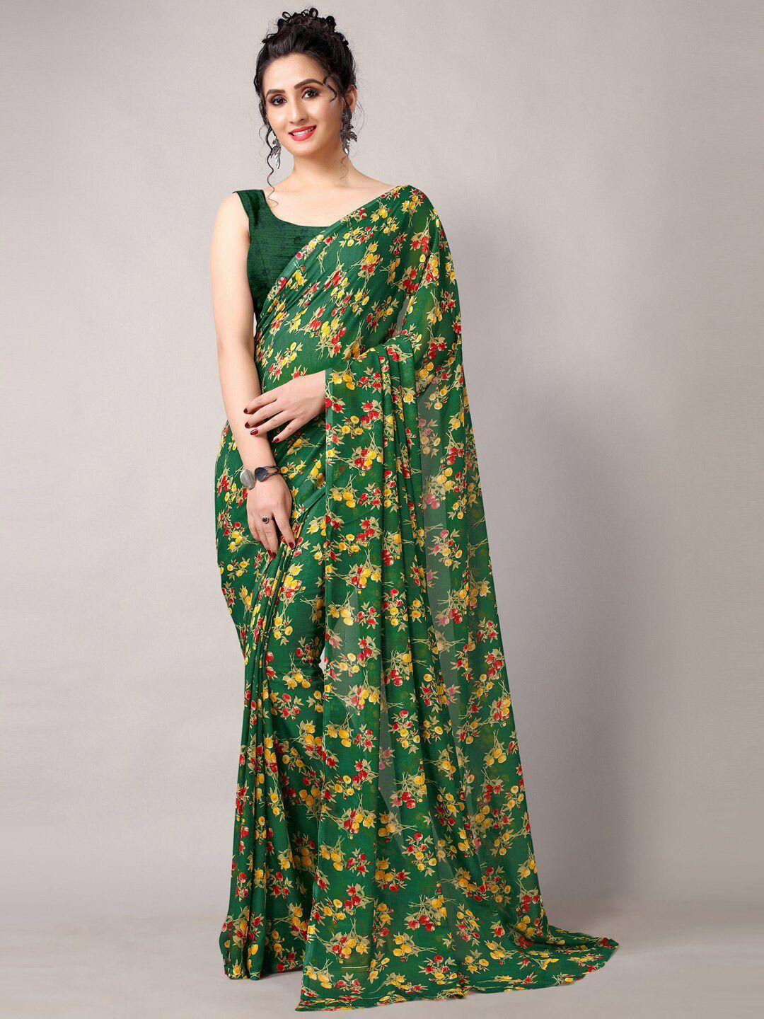 shaily green & yellow floral poly georgette saree