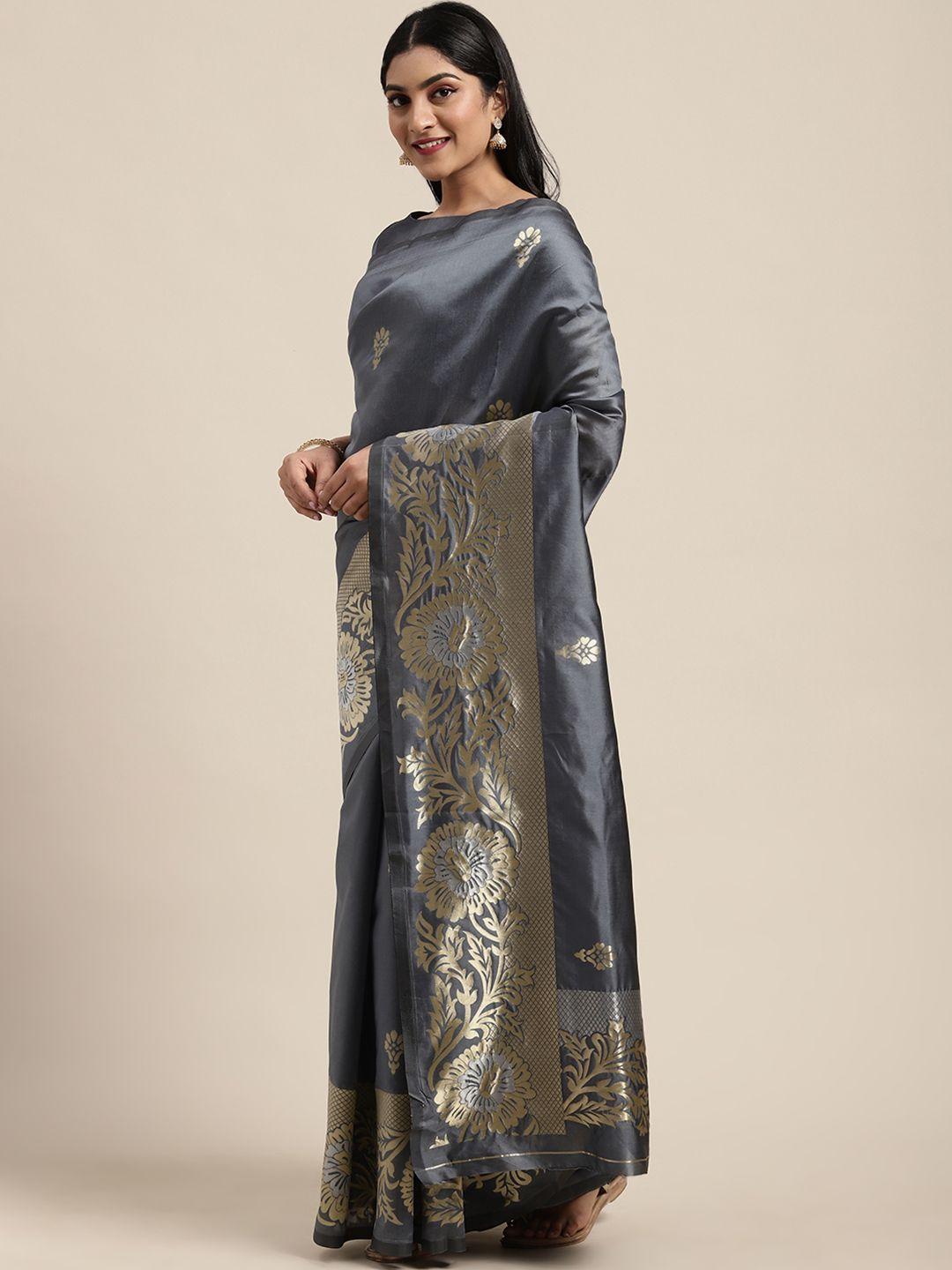 shaily grey & golden silk blend woven design saree