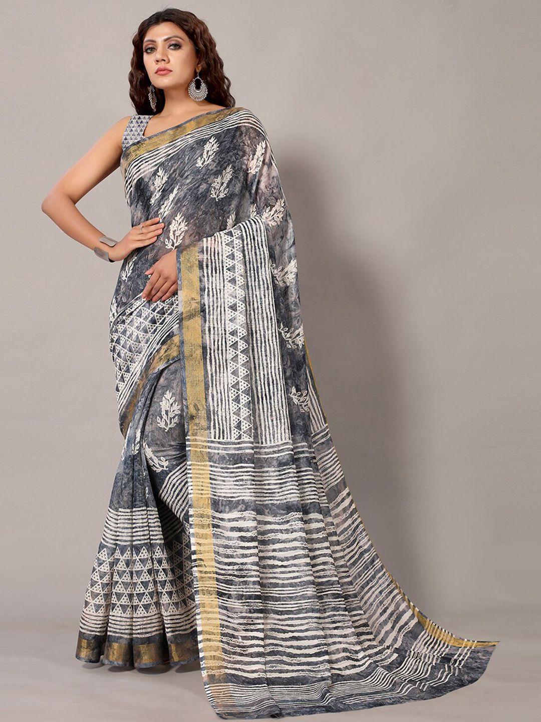 shaily grey & white floral zari silk cotton saree