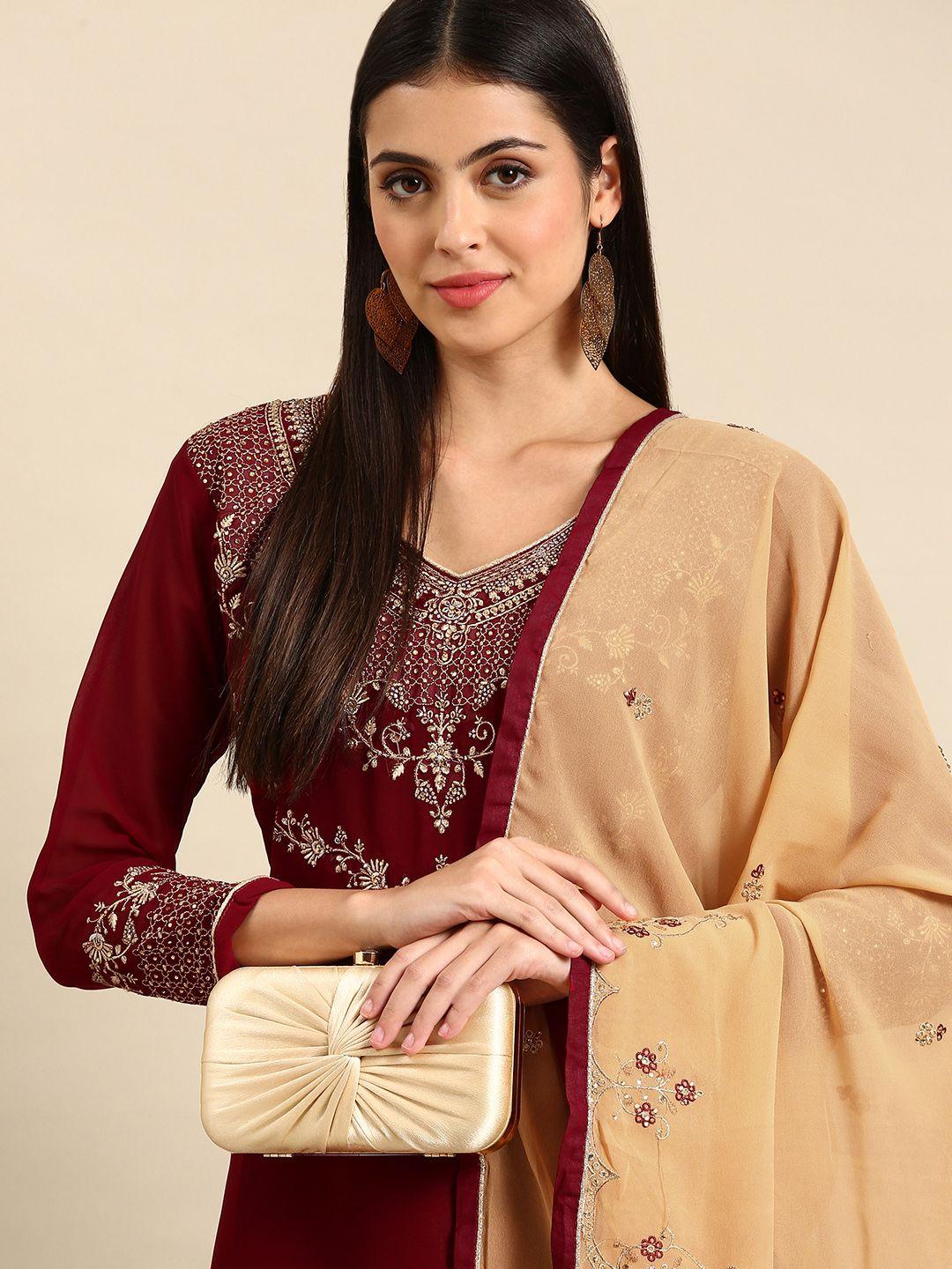 shaily maroon & cream-coloured embroidered silk georgette unstitched dress material