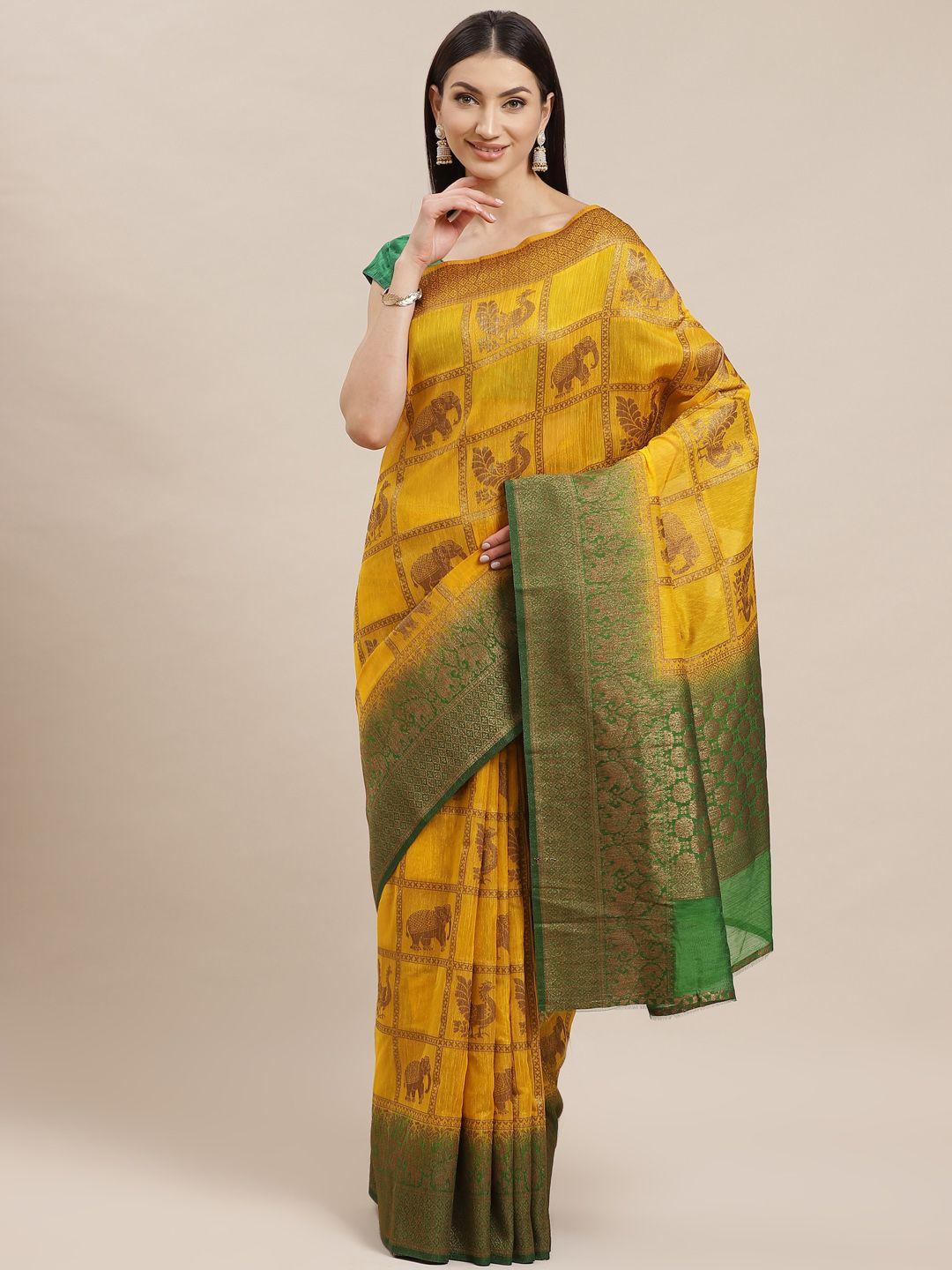 shaily mustard yellow & green zari woven design kanjeevaram saree