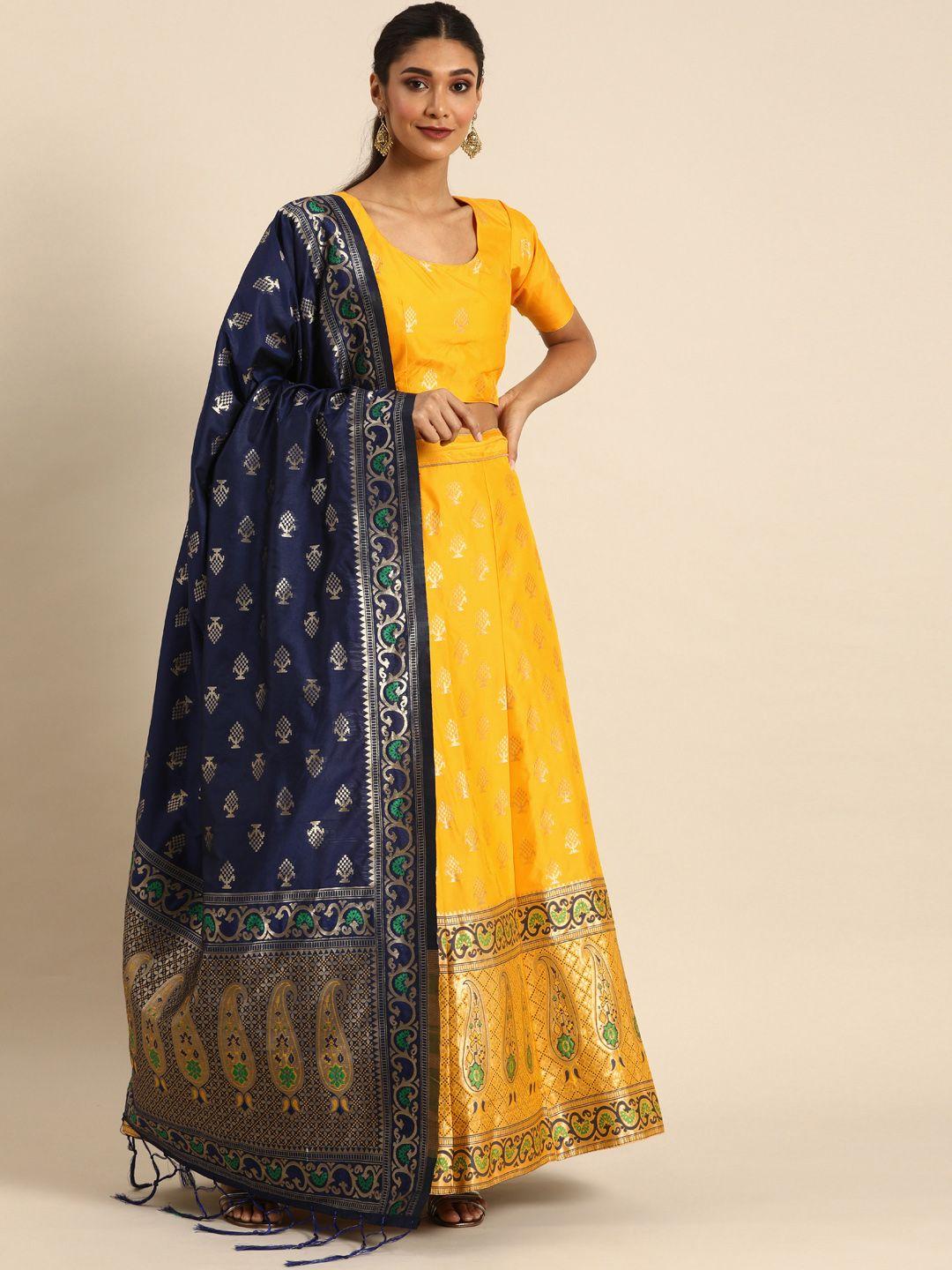 shaily mustard yellow & navy blue semi-stitched lehenga & unstitched blouse with dupatta