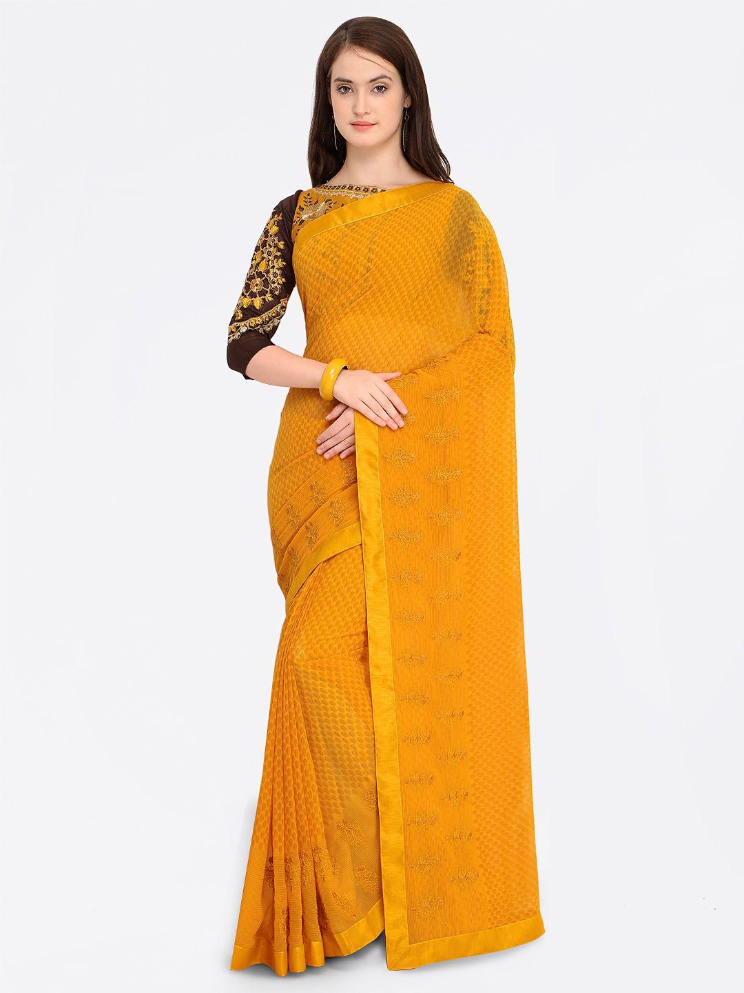 shaily mustard yellow embroidered pure georgette saree