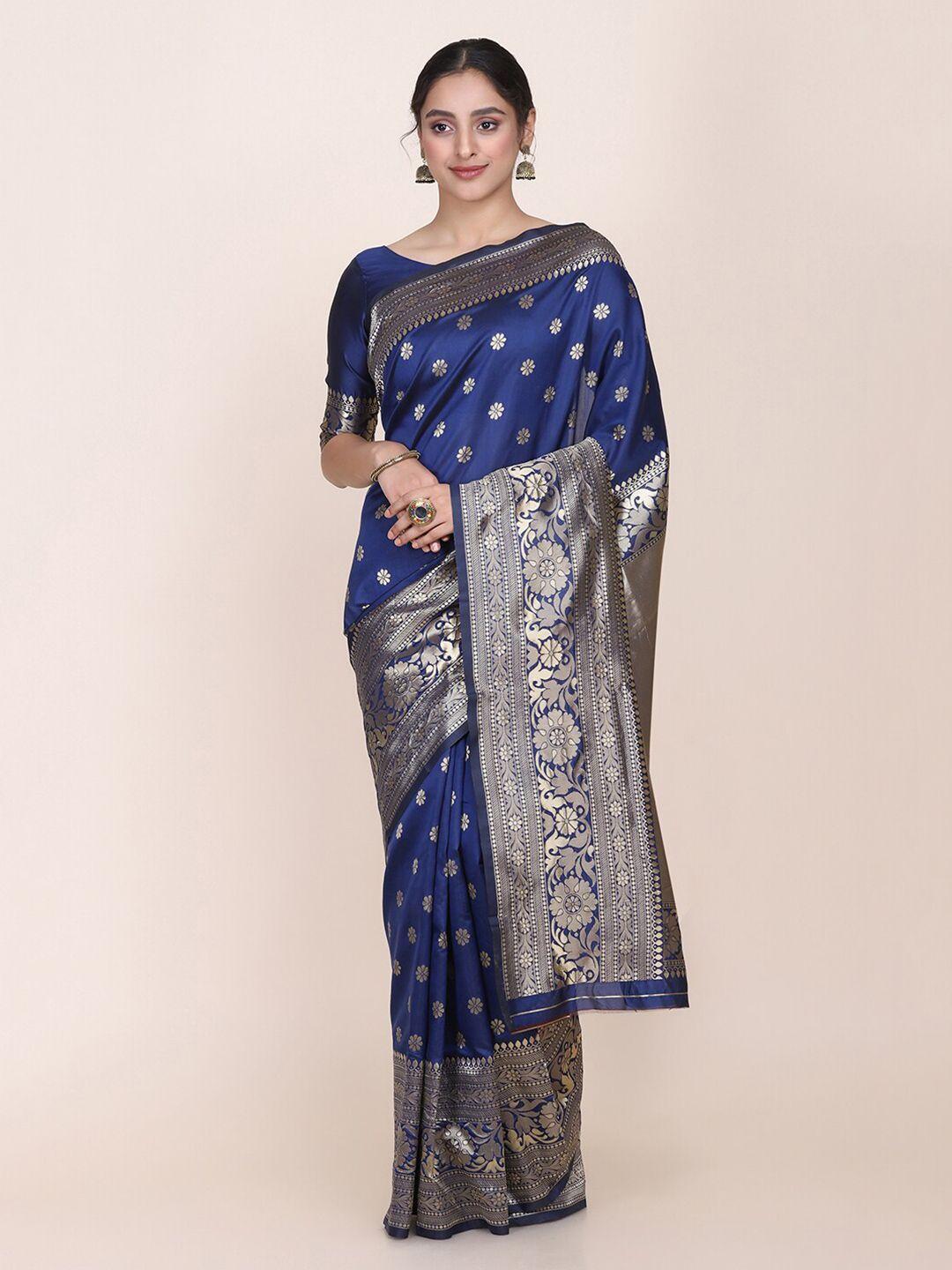 shaily navy blue & gold-toned floral silk blend saree