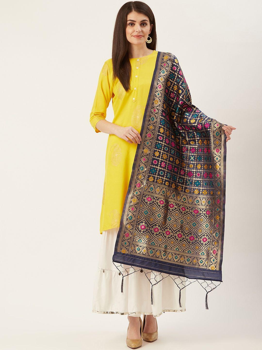 shaily navy blue & golden zari woven design dupatta