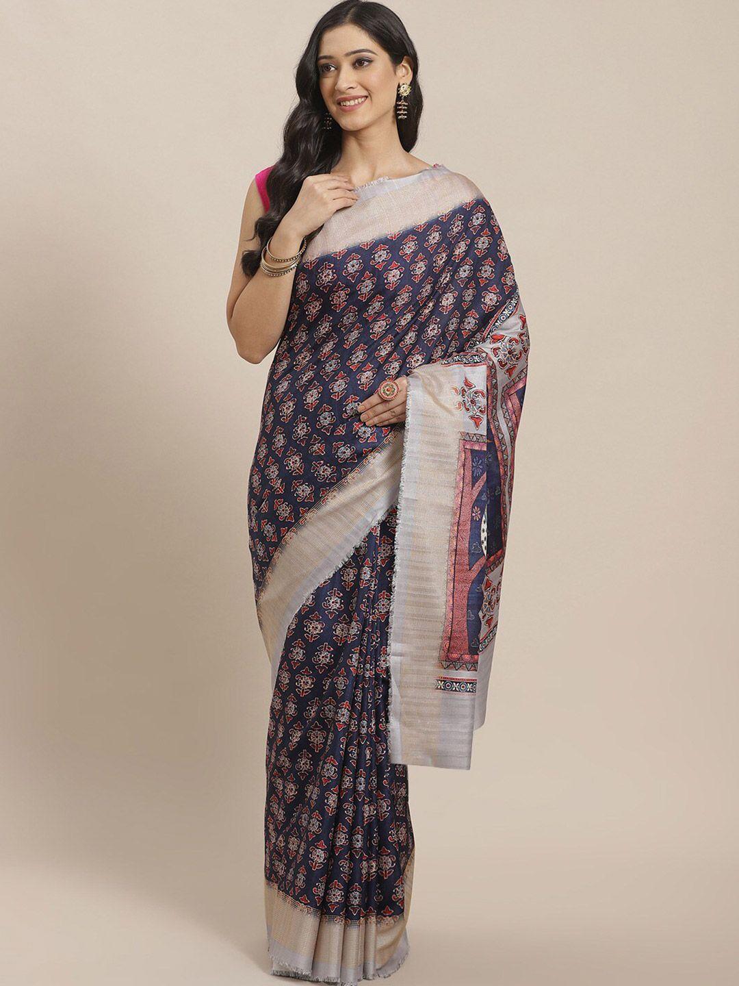shaily navy blue & pink kalamkari digital printed art silk saree