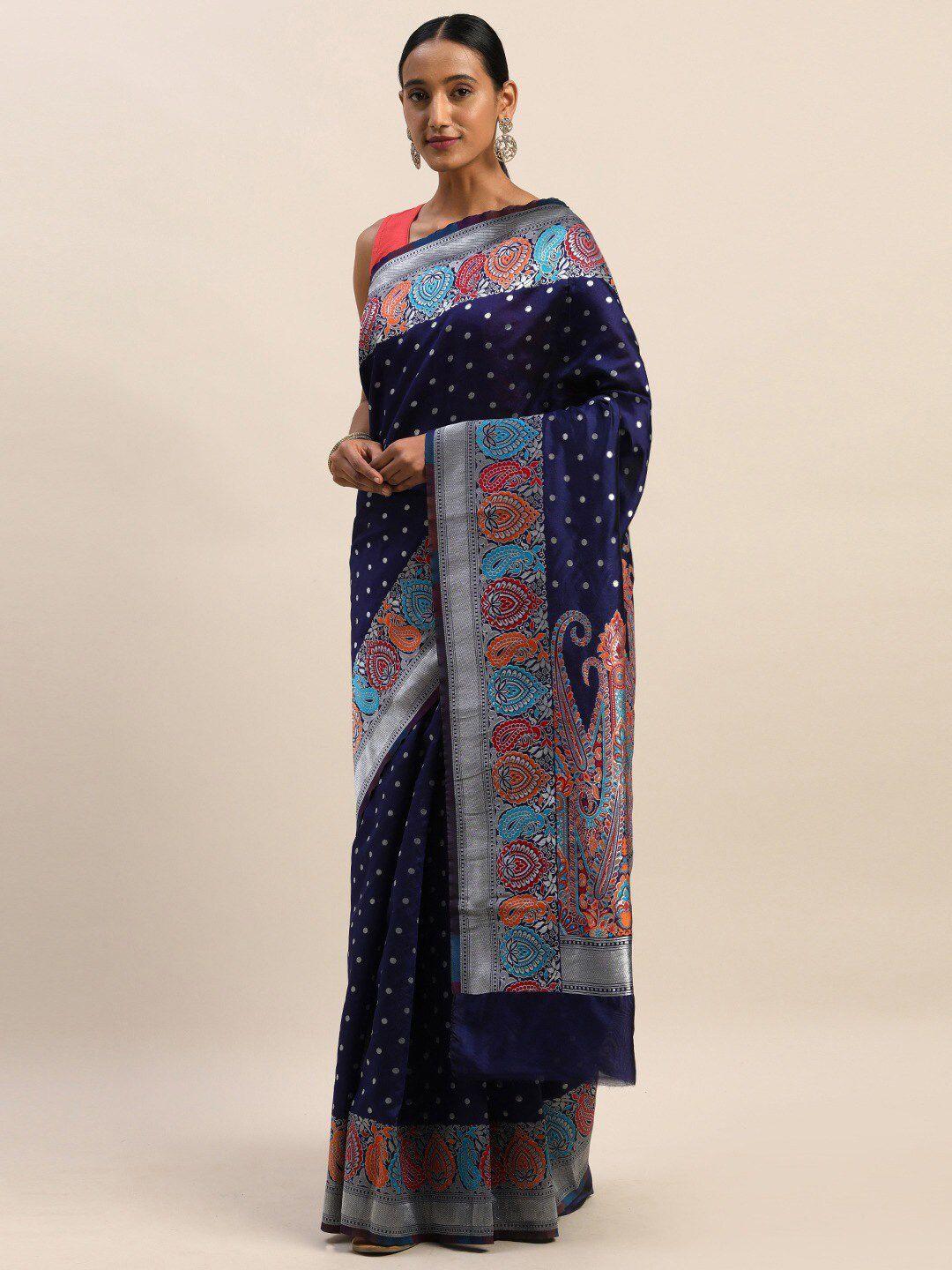 shaily navy blue & silver-toned woven design silk blend saree
