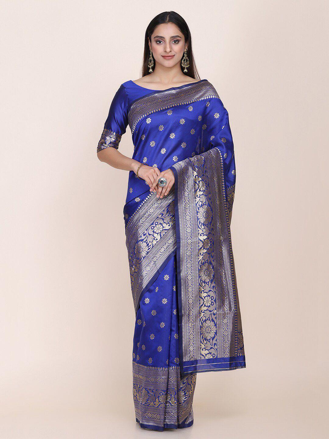 shaily navy blue & silver-toned woven design zari silk blend saree