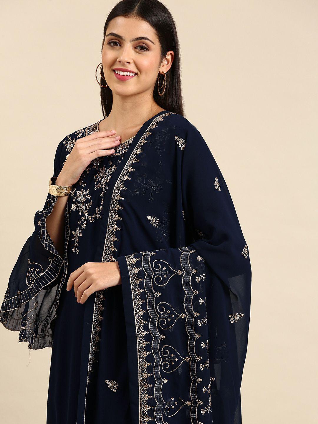 shaily navy blue embroidered silk georgette unstitched dress material