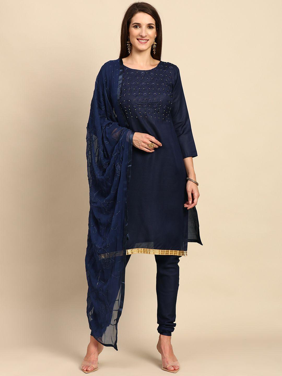 shaily navy blue embroidered unstitched dress material