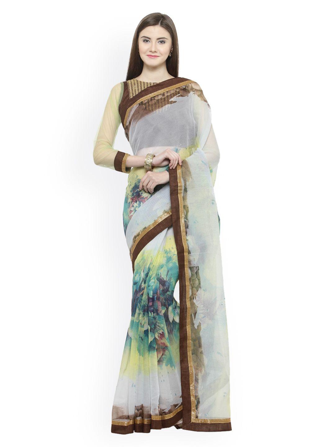 shaily off-white & brown net printed saree