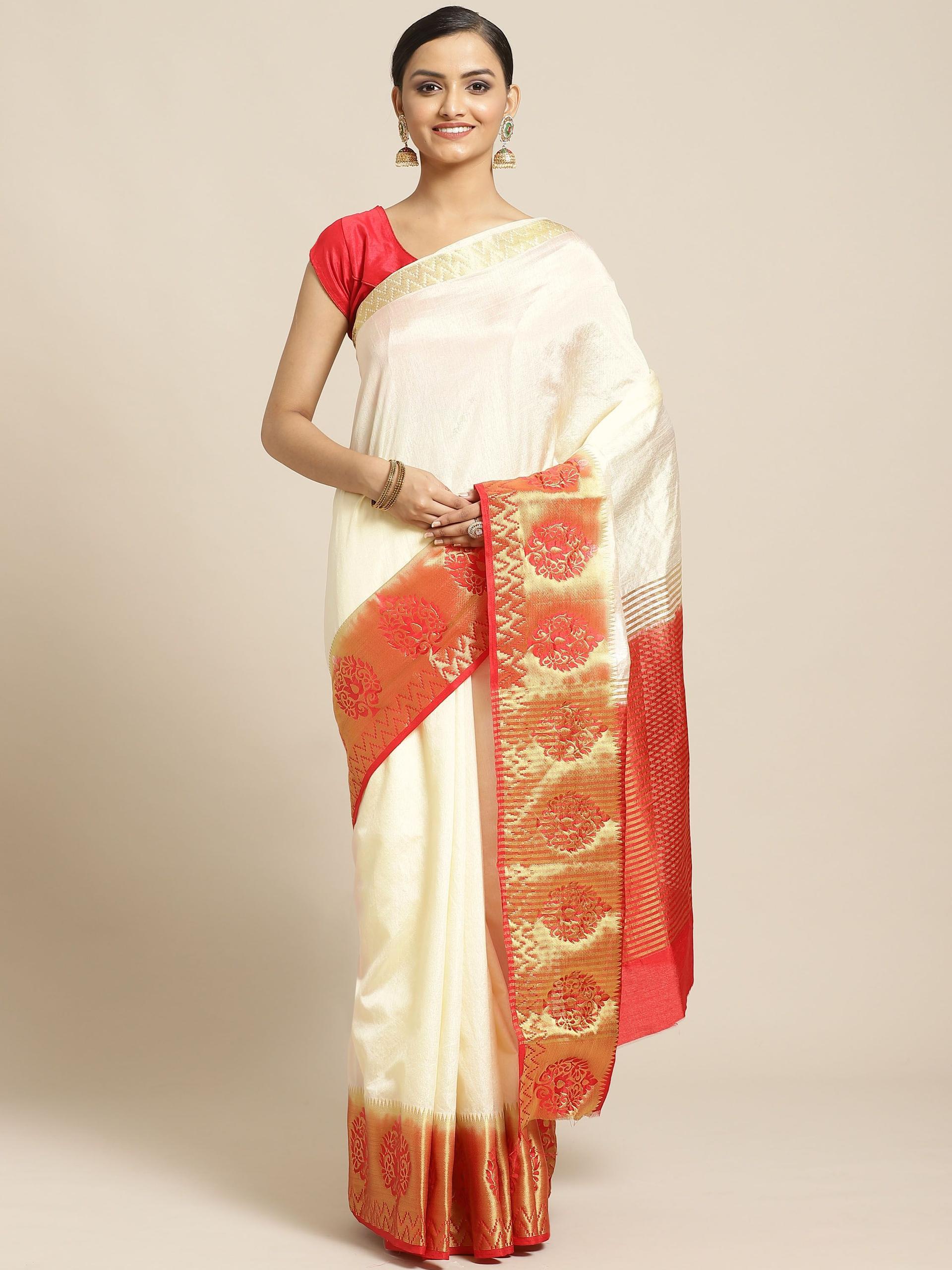 shaily off-white & red solid saree