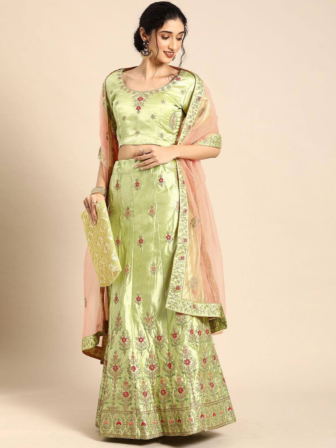 shaily olive green & pink embroidered semi-stitched lehenga & unstitched blouse with dupatta