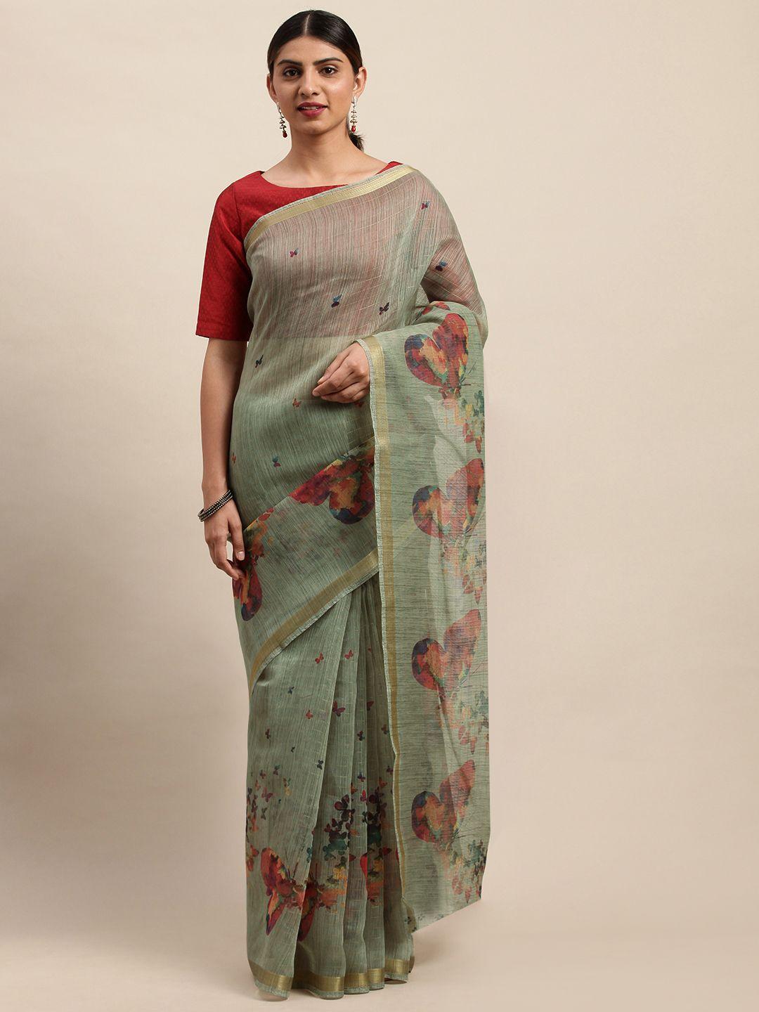 shaily olive green & red floral printed saree