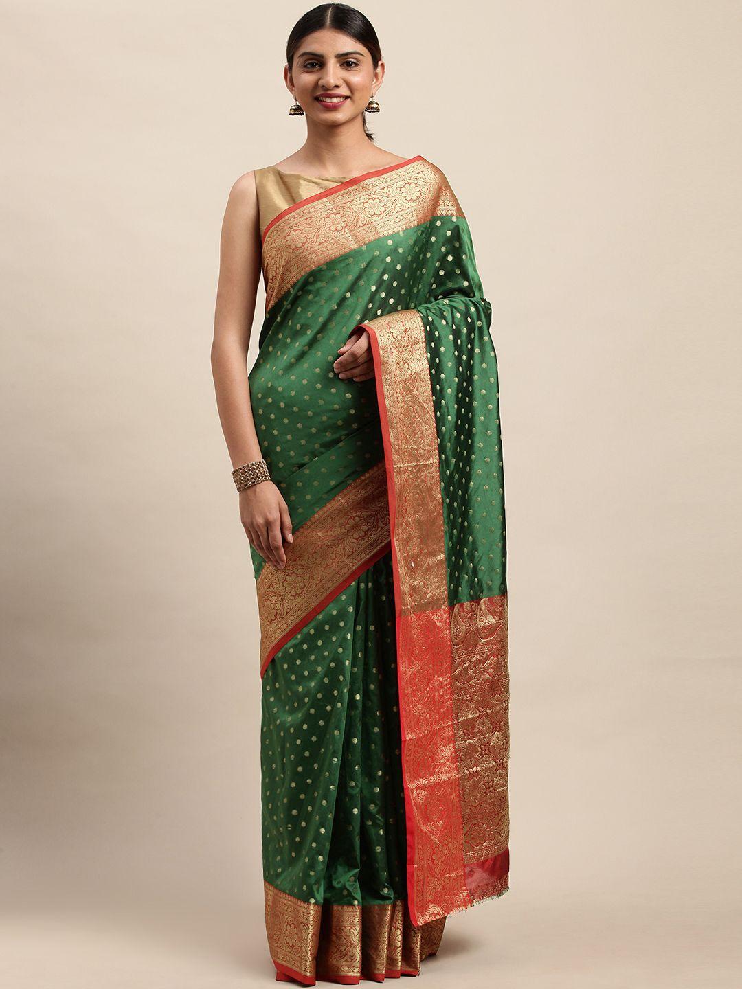 shaily olive green & red silk blend woven design saree