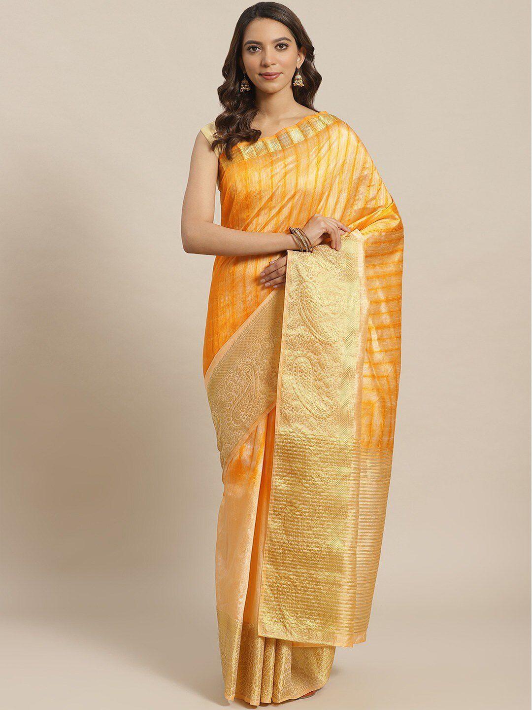 shaily orange & gold-toned tie & dye zari silk blend saree