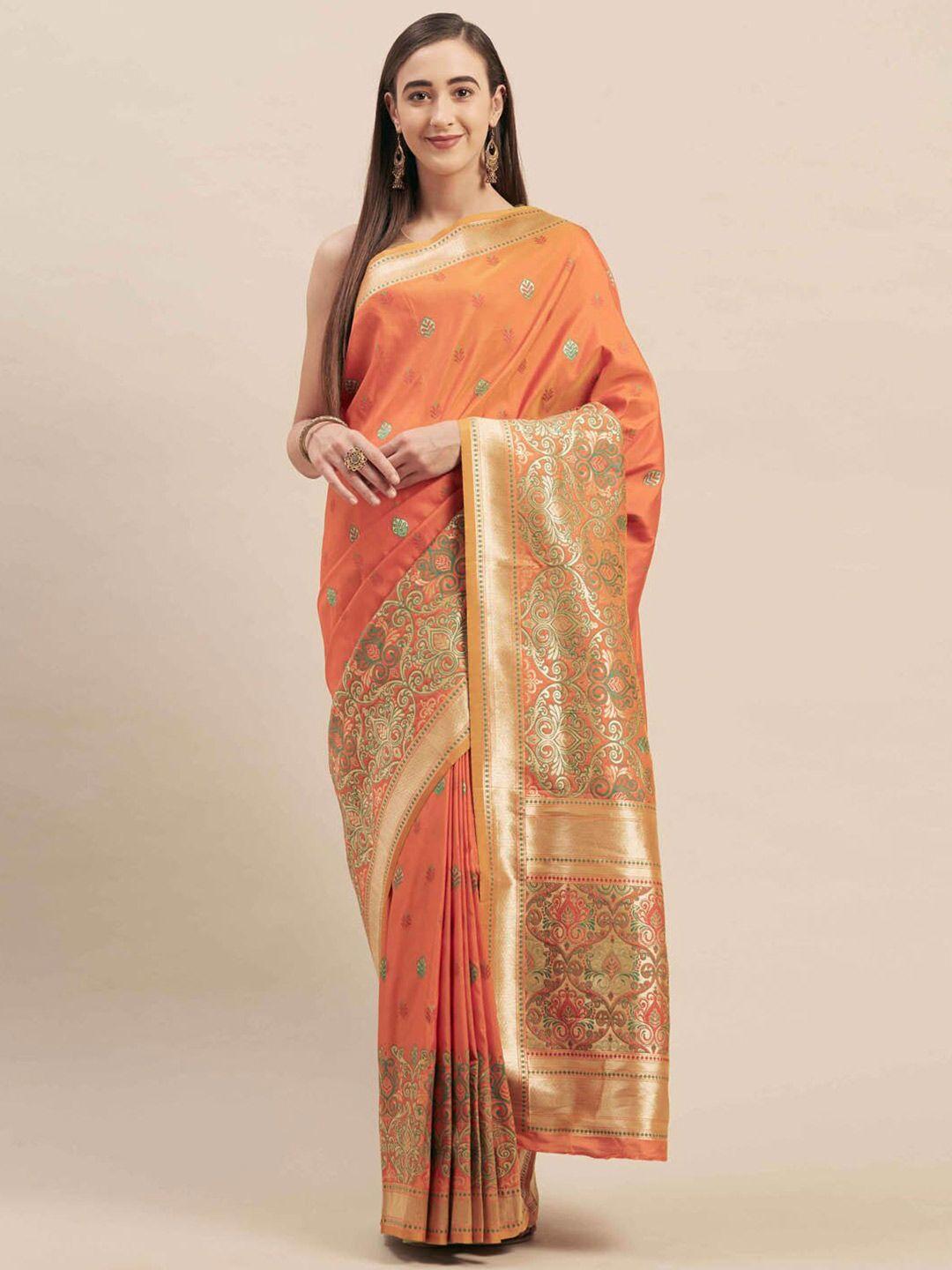 shaily orange & gold-toned woven design kanjeevaram saree