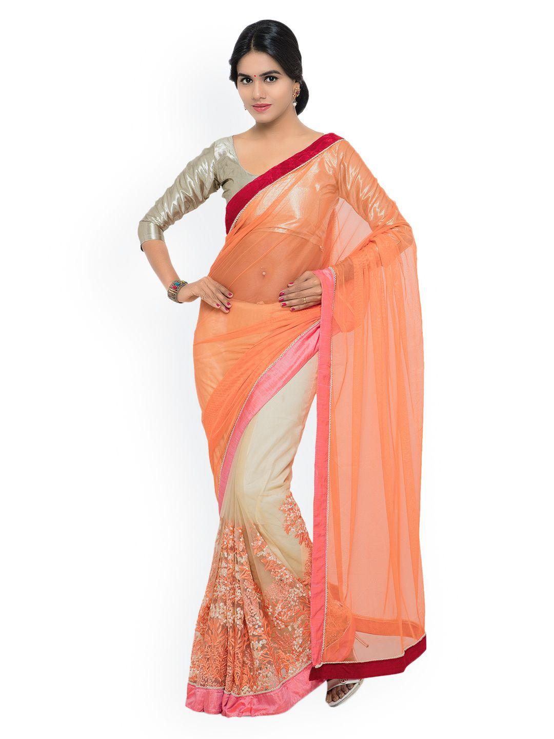 shaily peach-coloured & beige embroidered georgette & net saree