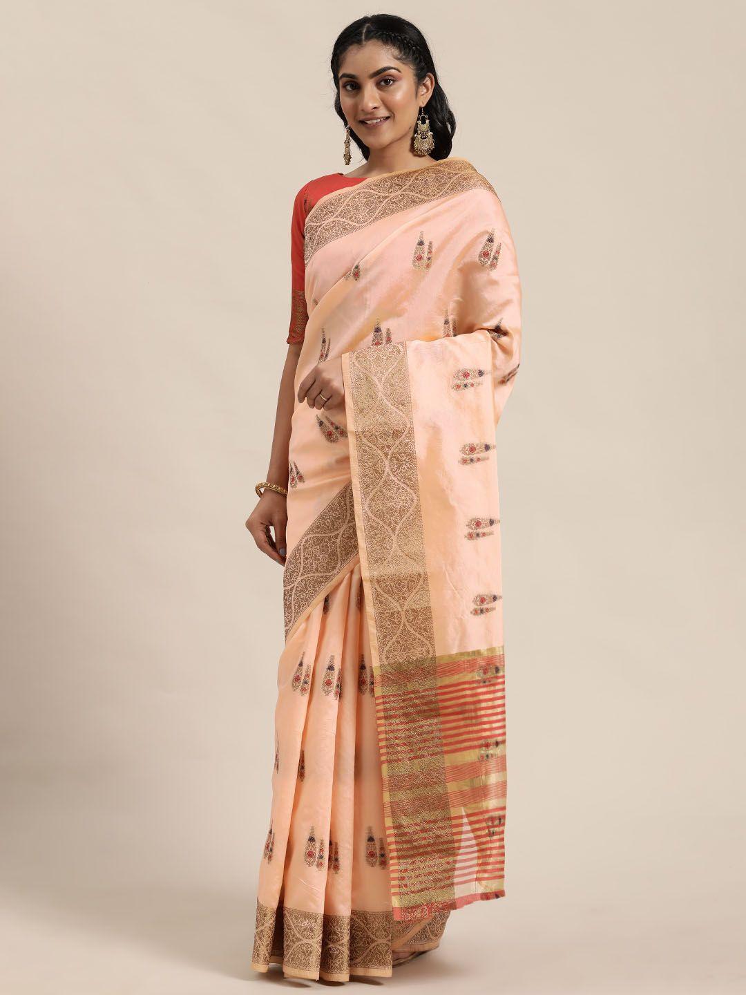 shaily peach-coloured & gold-toned woven design saree