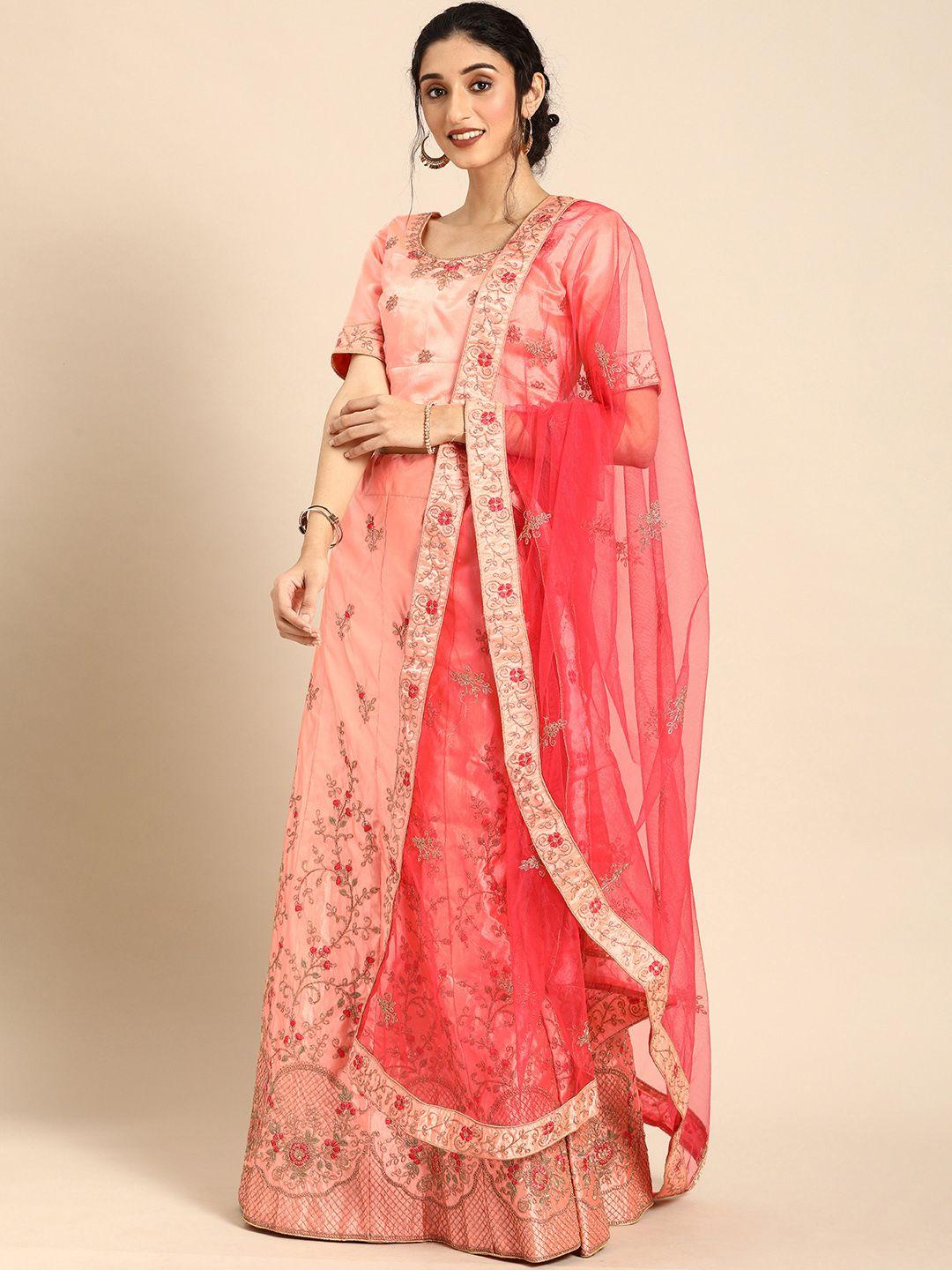 shaily peach-coloured semi-stitched lehenga & blouse with dupatta