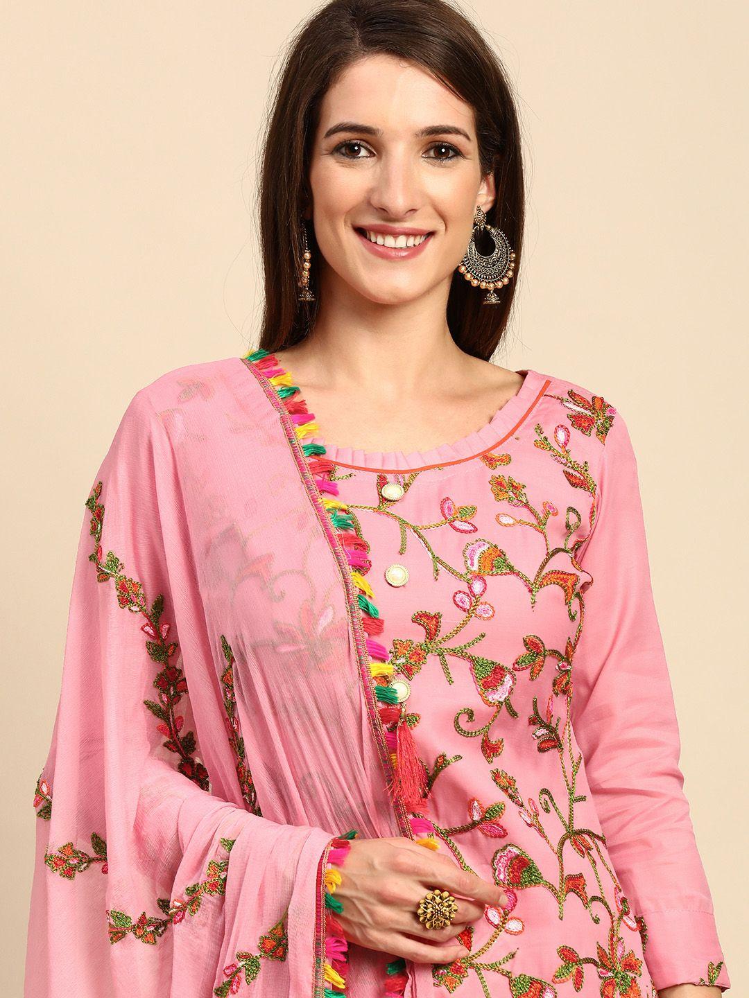 shaily pink & green embroidered unstitched dress material