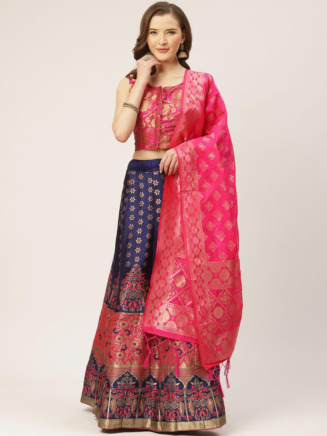 shaily pink & navy blue woven design semi-stitched lehenga & blouse with dupatta