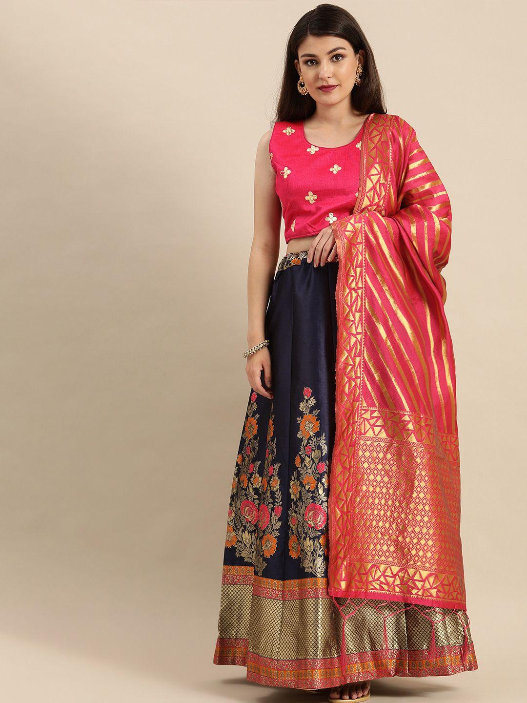 shaily pink & navy blue woven design semi-stitched lehenga & blouse with dupatta