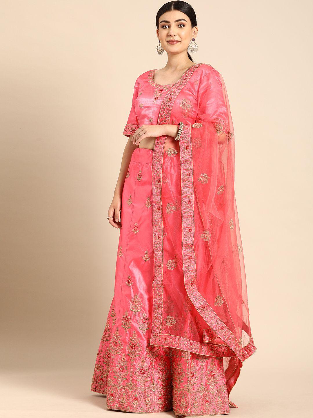 shaily pink embroidered satin semi stitched lehenga & unstitched blouse with dupatta