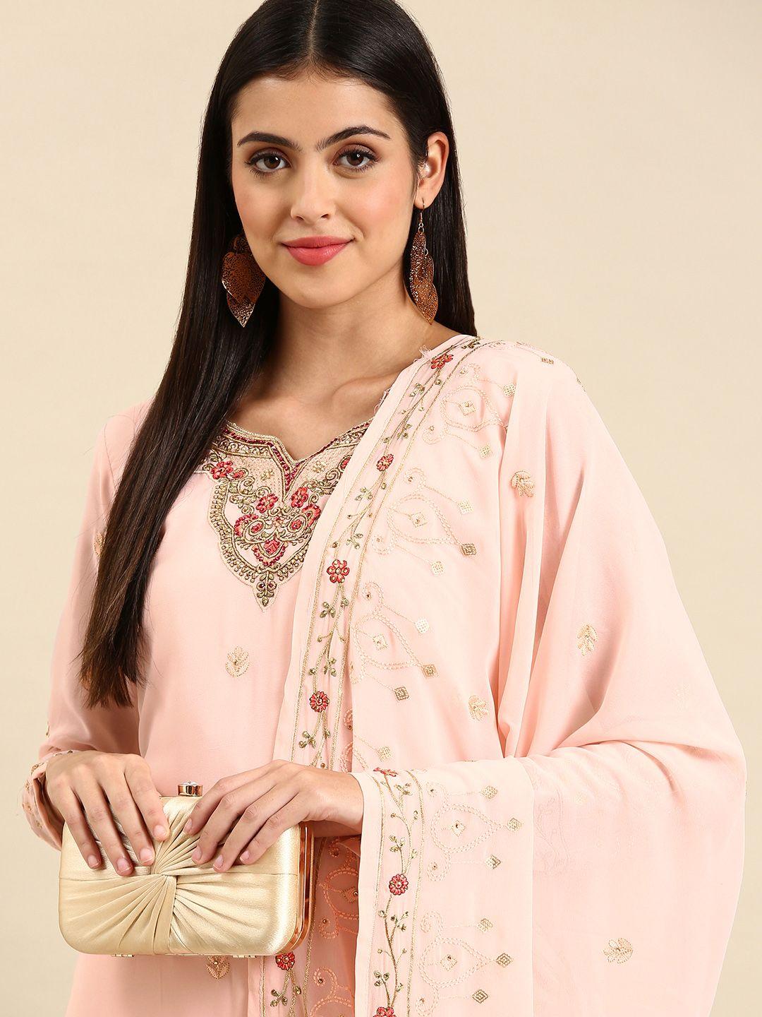 shaily pink embroidered silk georgette unstitched dress material