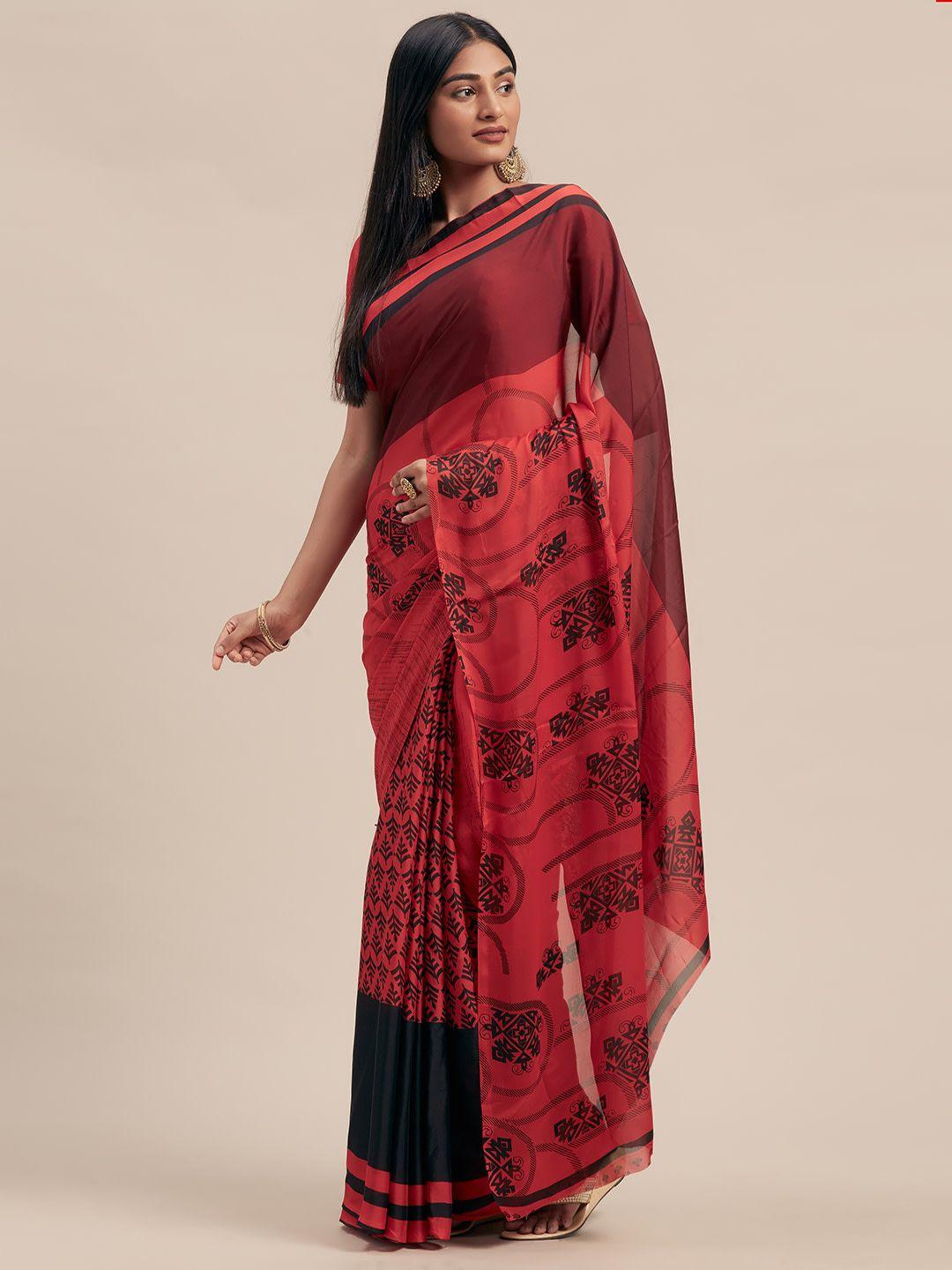 shaily red & black floral printed satin saree