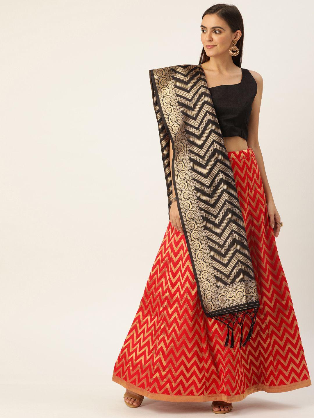 shaily red & black solid semi-stitched lehenga & blouse with dupatta