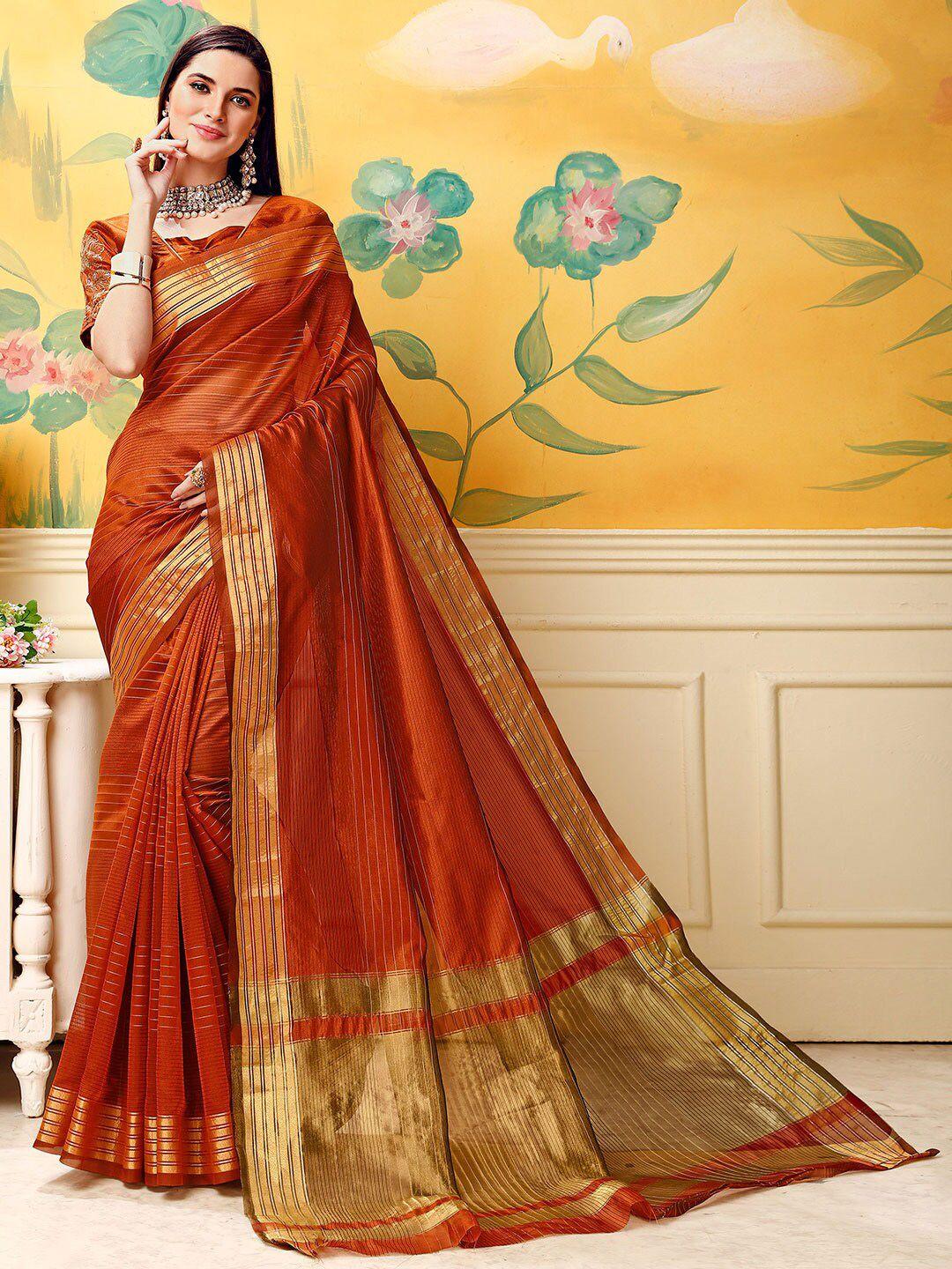 shaily red & gold-toned striped zari silk blend kanjeevaram saree