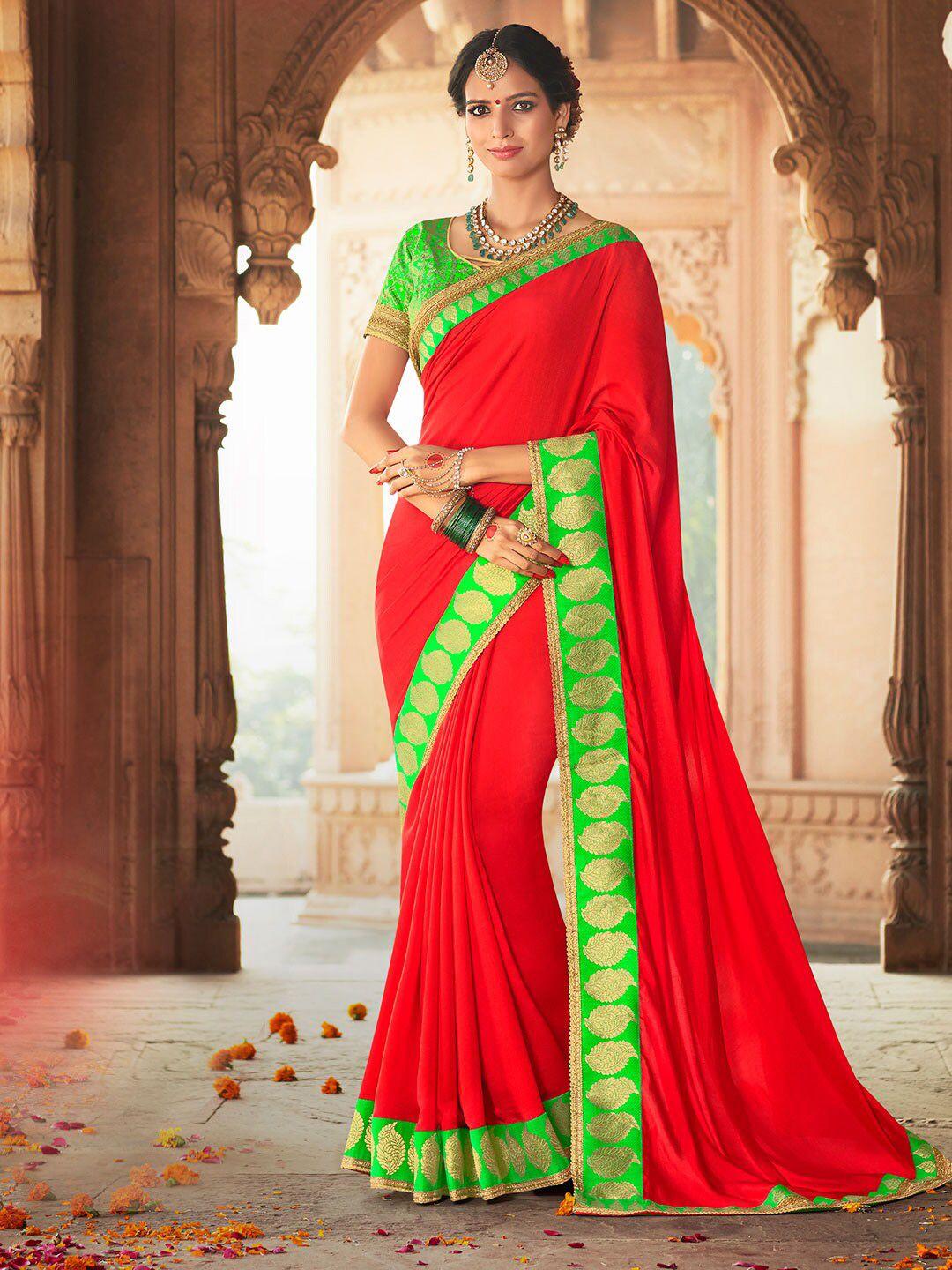 shaily red & green zari pure chiffon saree