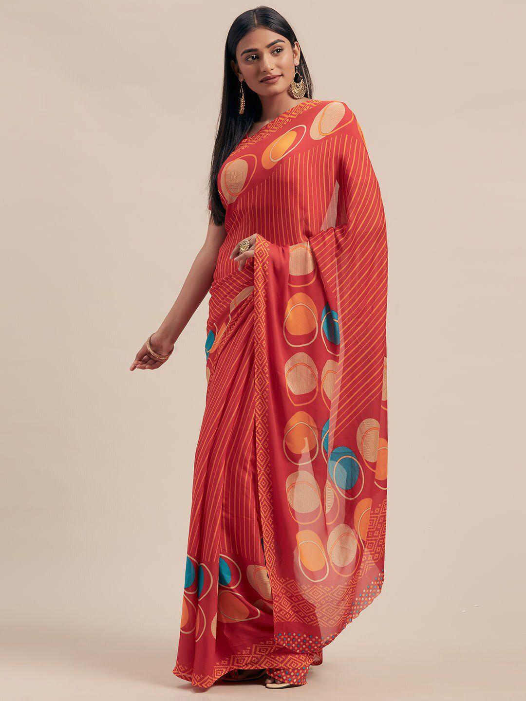 shaily red & orange geometric printed saree